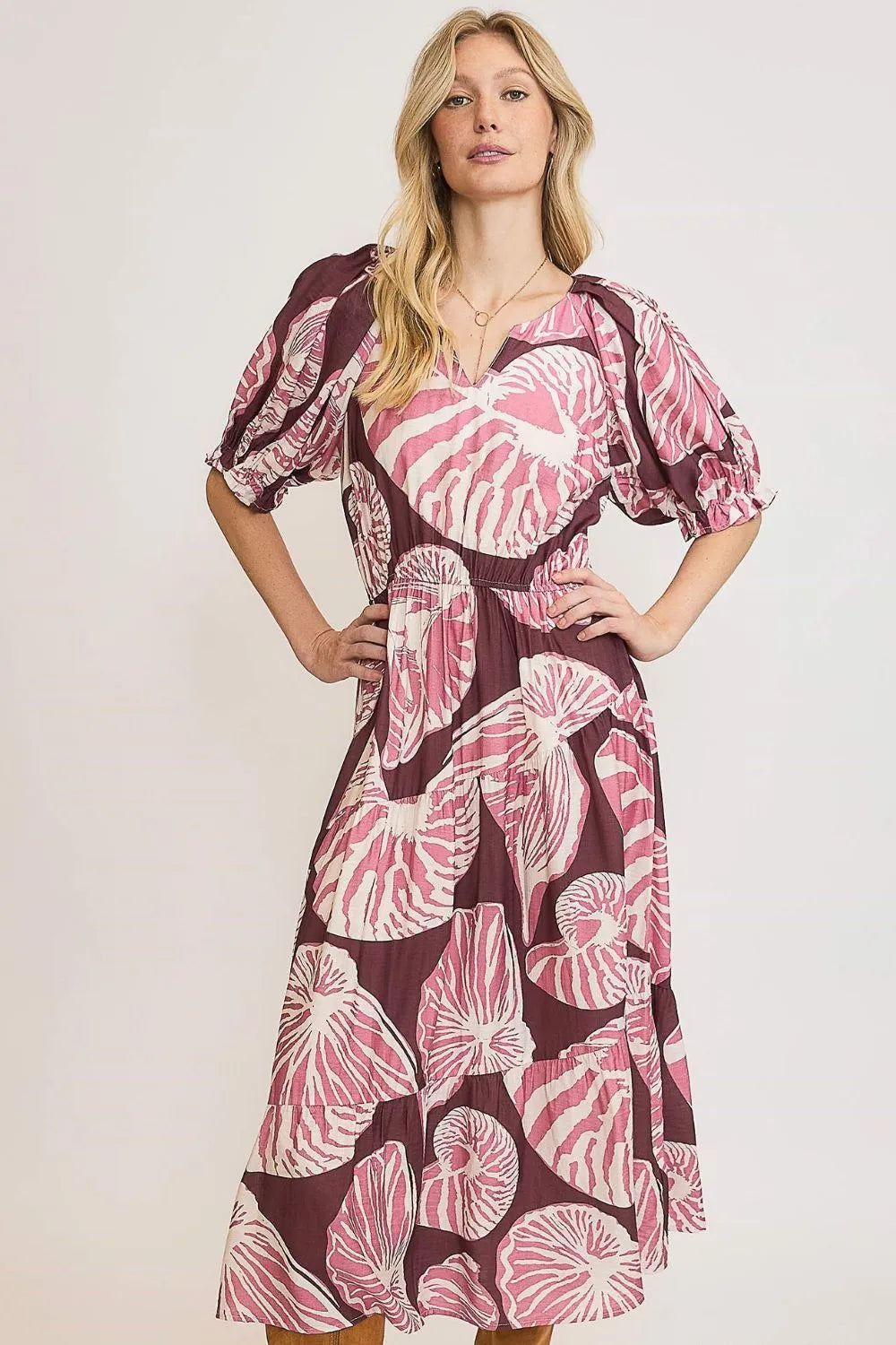 Umgee Full Size Printed Notched Puff Sleeve Midi Dress Plus Size - Dresses by Trendsi | Available at Handbags Specialist Headquarter