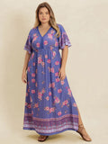 Plus Size Printed V-Neck Flutter Sleeve Dress - Dresses by Trendsi | Available at Handbags Specialist Headquarter
