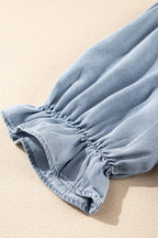 Ruffle Short Puff Sleeve Button Down Denim Shirt - Women / Jeans & Denim by Trendsi | Available at Handbags Specialist Headquarter