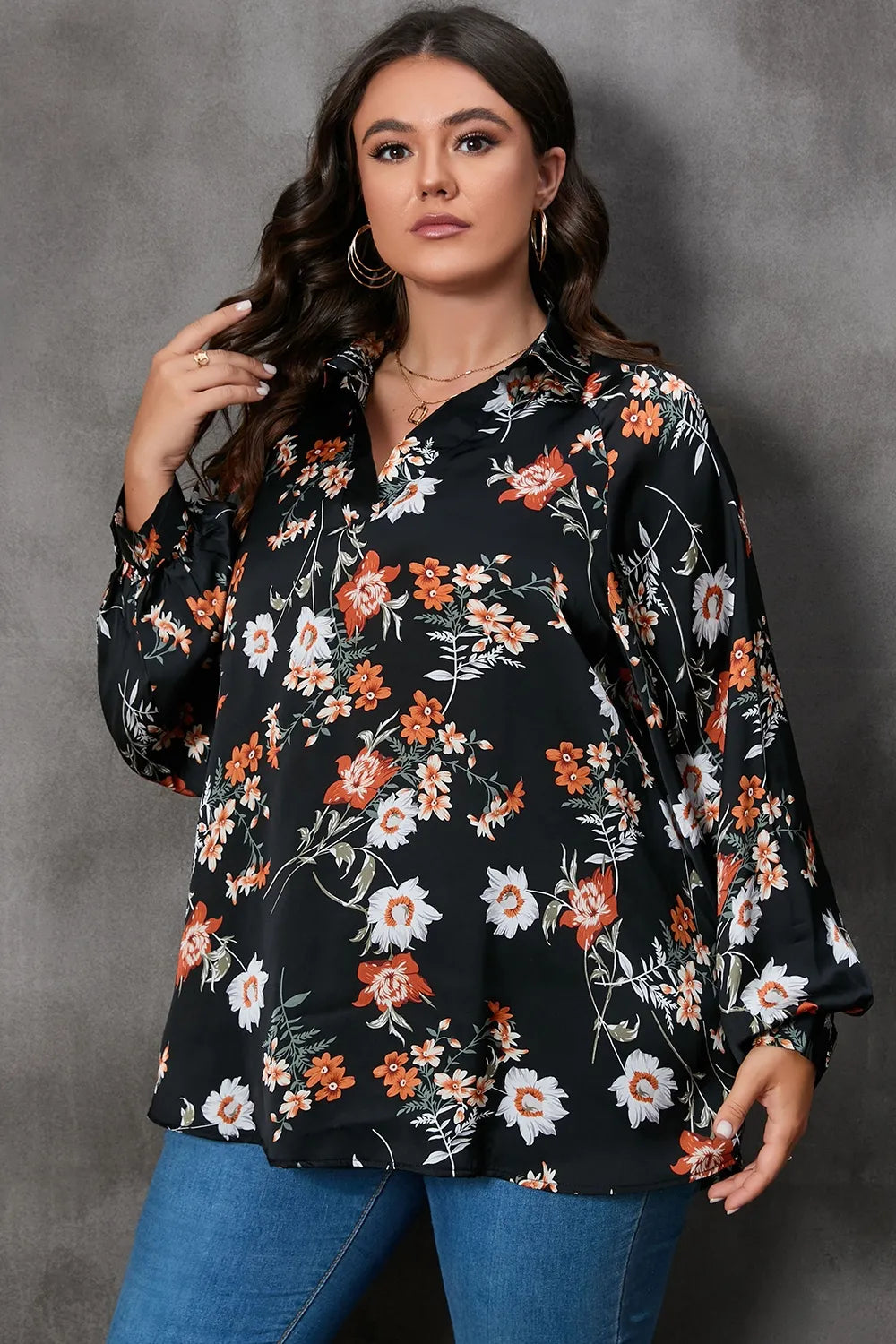 Plus Size Printed Johnny Collar Long Sleeve Blouse - Plus Size Shirts by Trendsi | Available at Handbags Specialist Headquarter