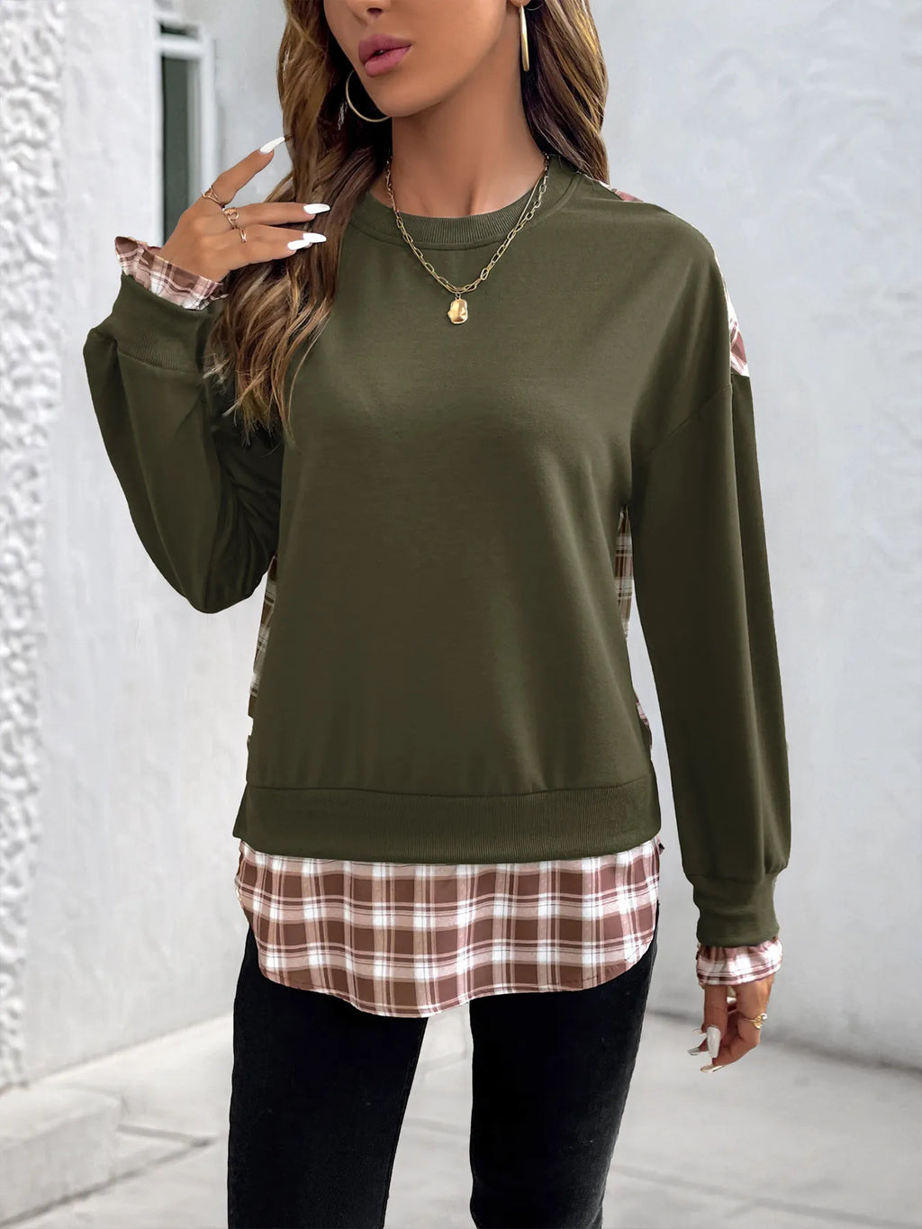 Plaid Long Sleeve Sweatshirt - Tops by Trendsi | Available at Handbags Specialist Headquarter