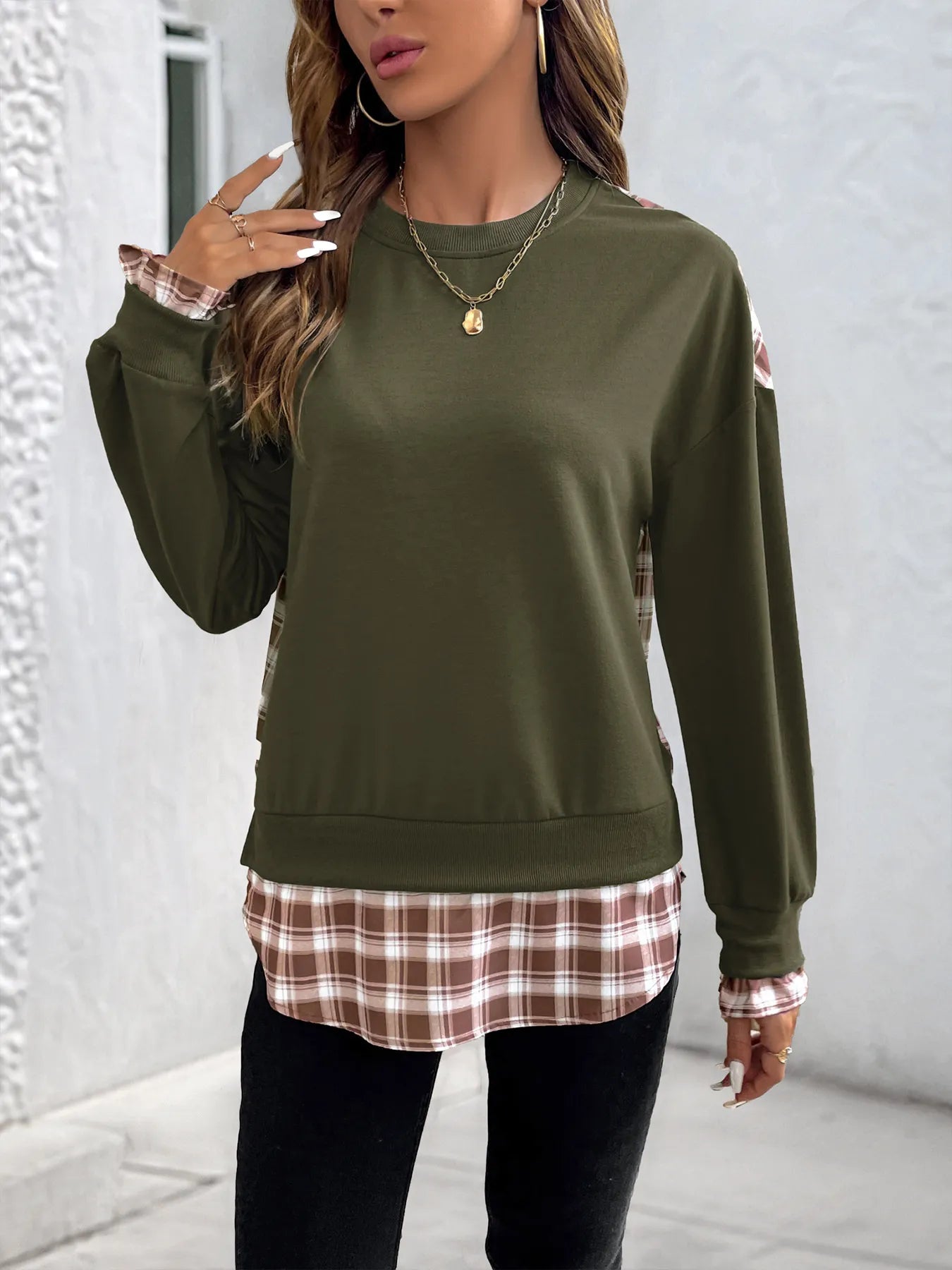 Plaid Long Sleeve Sweatshirt - Tops by Trendsi | Available at Handbags Specialist Headquarter