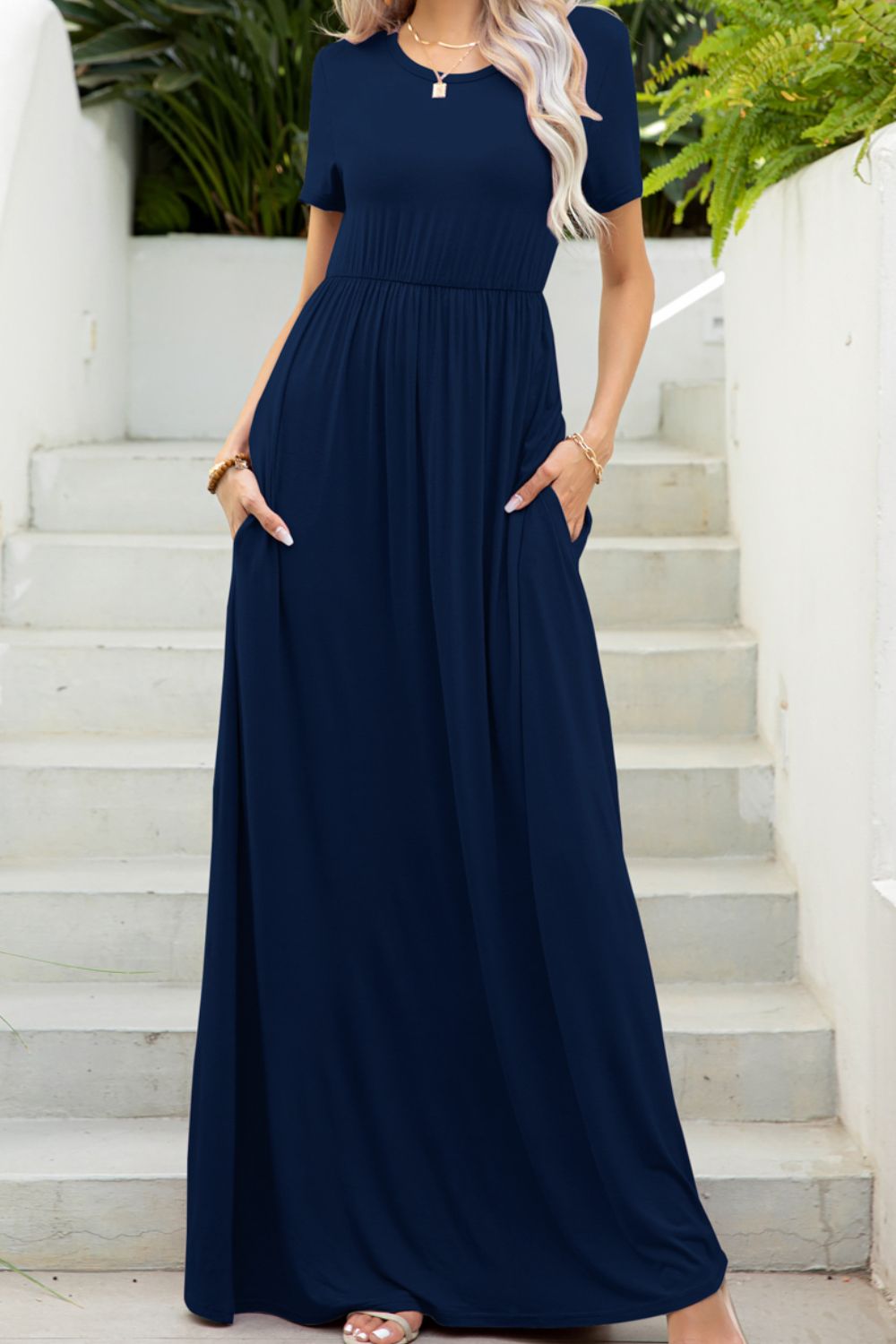 Round Neck Maxi Tee Dress with Pockets - Maxi Dress by Trendsi | Available at Handbags Specialist Headquarter