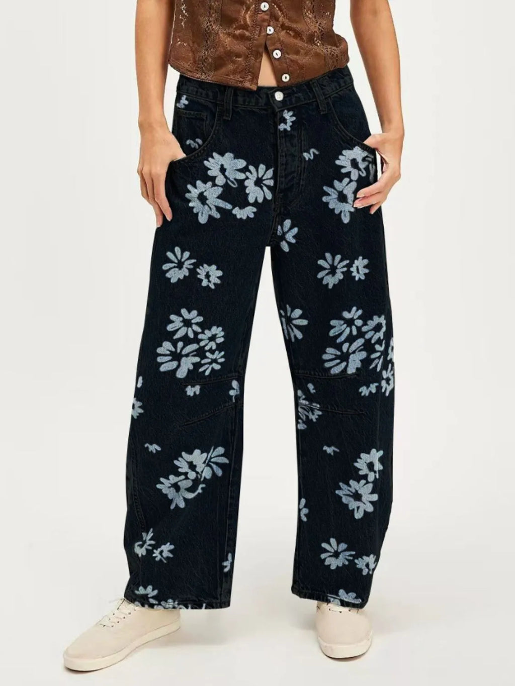 Printed Wide Leg Jeans - Women / Jeans & Denim by Trendsi | Available at Handbags Specialist Headquarter
