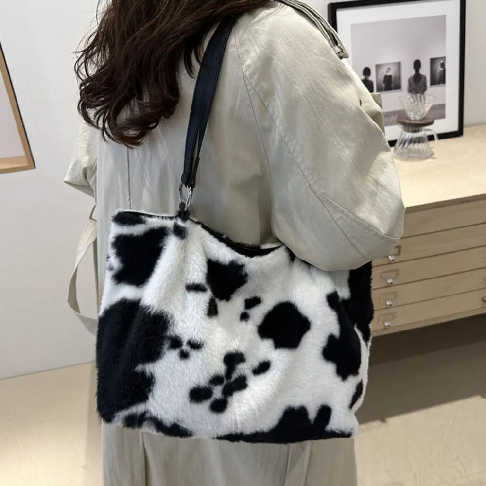 Cow Print Furry Tote Bag - Tote Bag by Trendsi | Available at Handbags Specialist Headquarter