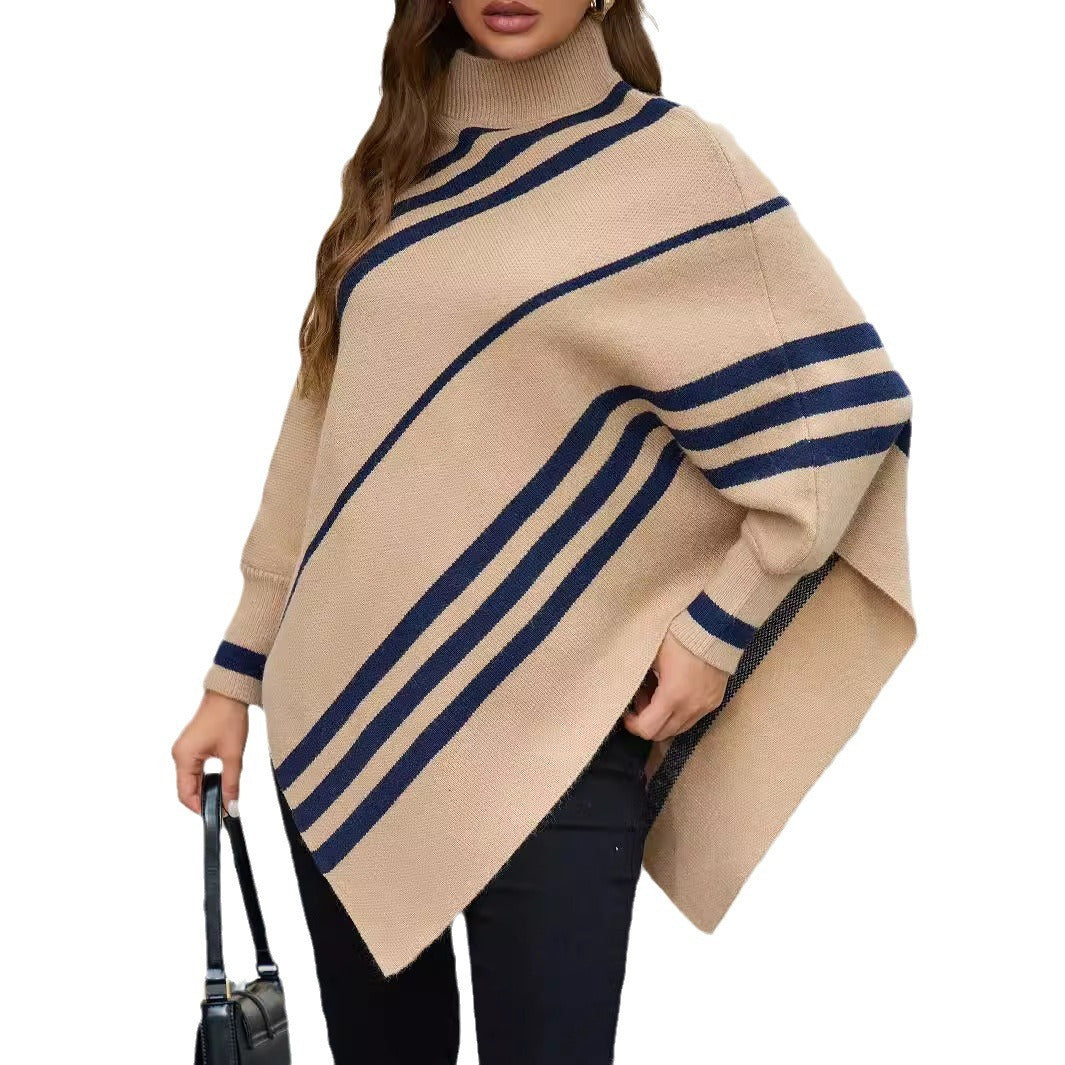 StripeBat Shawl: Half Turtleneck Pullover Sweater - Women's Sweatshirt by Trendsi | Available at Handbags Specialist Headquarter