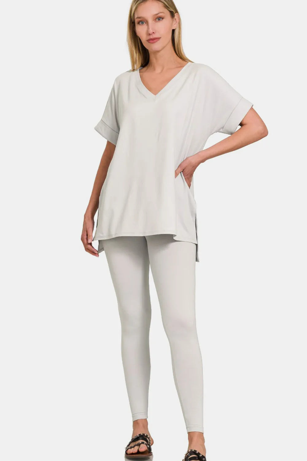 Zenana V-Neck Rolled Short Sleeve T-Shirt and Leggings Lounge Set - Sleepwear by Trendsi | Available at Handbags Specialist Headquarter