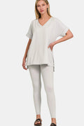 Zenana V-Neck Rolled Short Sleeve T-Shirt and Leggings Lounge Set - Sleepwear by Trendsi | Available at Handbags Specialist Headquarter