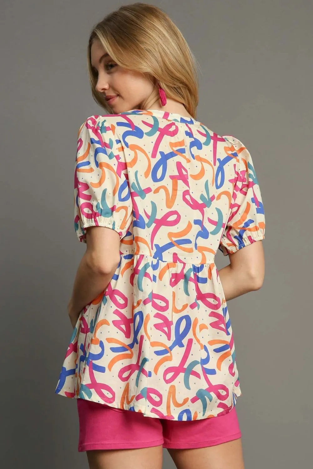 Umgee Full Size Mixed Print Puff Sleeve Babydoll Blouse Plus Size - Dresses by Trendsi | Available at Handbags Specialist Headquarter