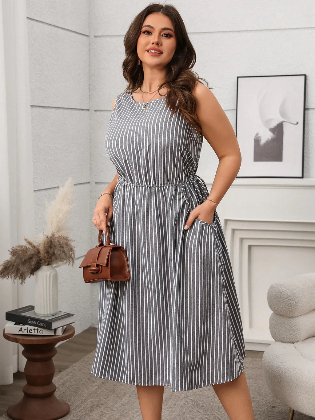 Plus Size Striped Round Neck Sleeveless Dress - Dresses by Trendsi | Available at Handbags Specialist Headquarter