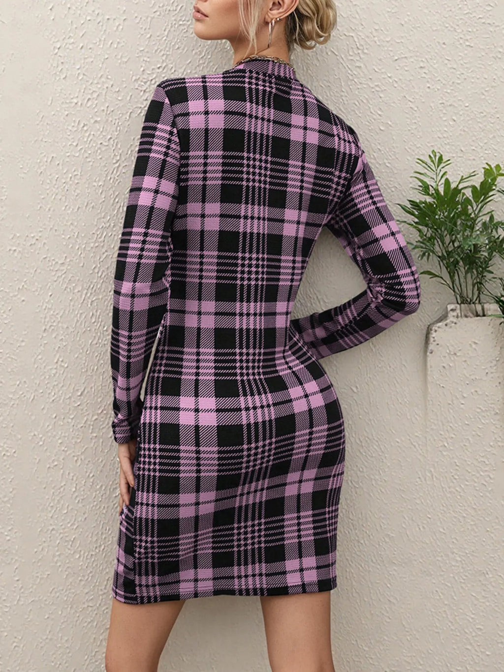 Long Sleeve Plaid Bodycon Mini Dress - Maxi Dress by Trendsi | Available at Handbags Specialist Headquarter