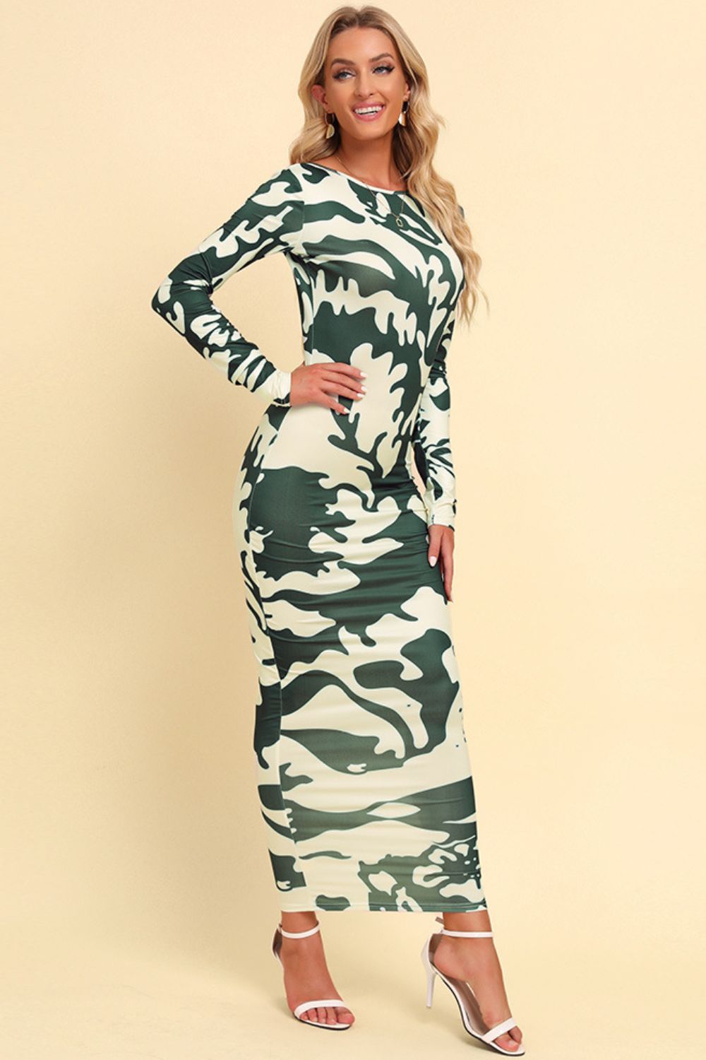 Printed Backless Long Sleeve Maxi Dress - Maxi Dress by Trendsi | Available at Handbags Specialist Headquarter