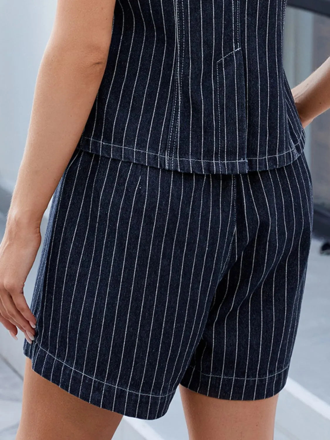 Round Neck Striped Top and Shorts Denim Set - Women / Jeans & Denim by Trendsi | Available at Handbags Specialist Headquarter