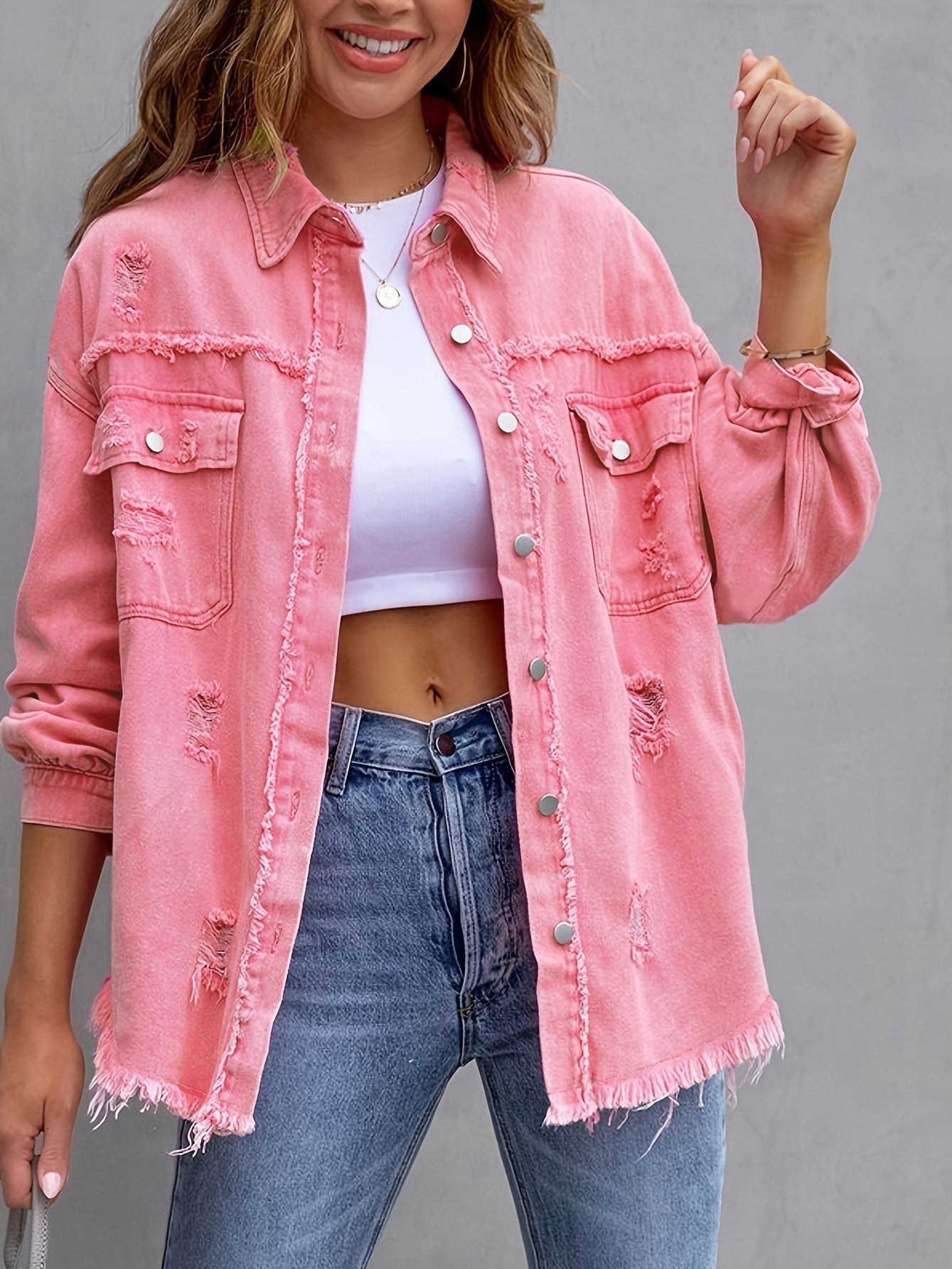 Autumn Breeze Ripped Shirt Jacket - Women's Casual