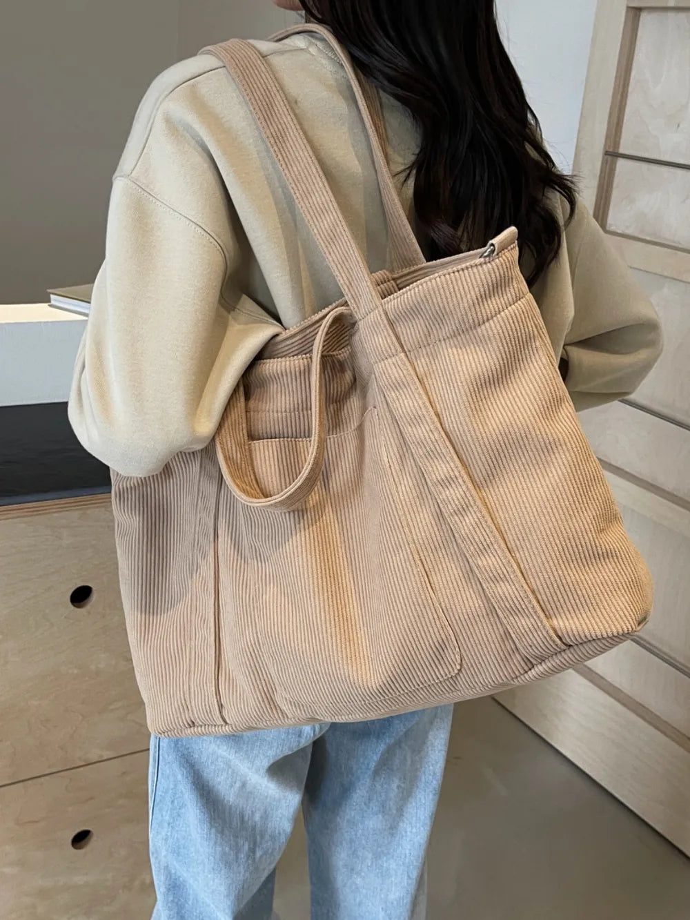 Corduroy Solid Large Tote Bag - Tote Bag by Trendsi | Available at Handbags Specialist Headquarter