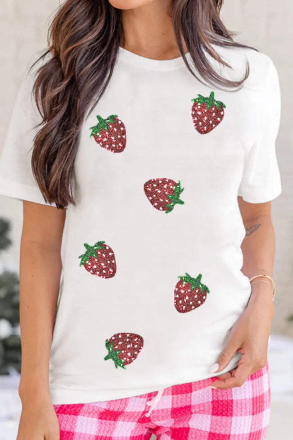 Sequin Strawberry Crew Neck Short Sleeve T Shirt - Tops by Trendsi | Available at Handbags Specialist Headquarter