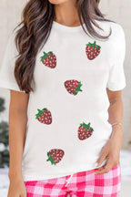Sequin Strawberry Crew Neck Short Sleeve T Shirt - Tops by Trendsi | Available at Handbags Specialist Headquarter