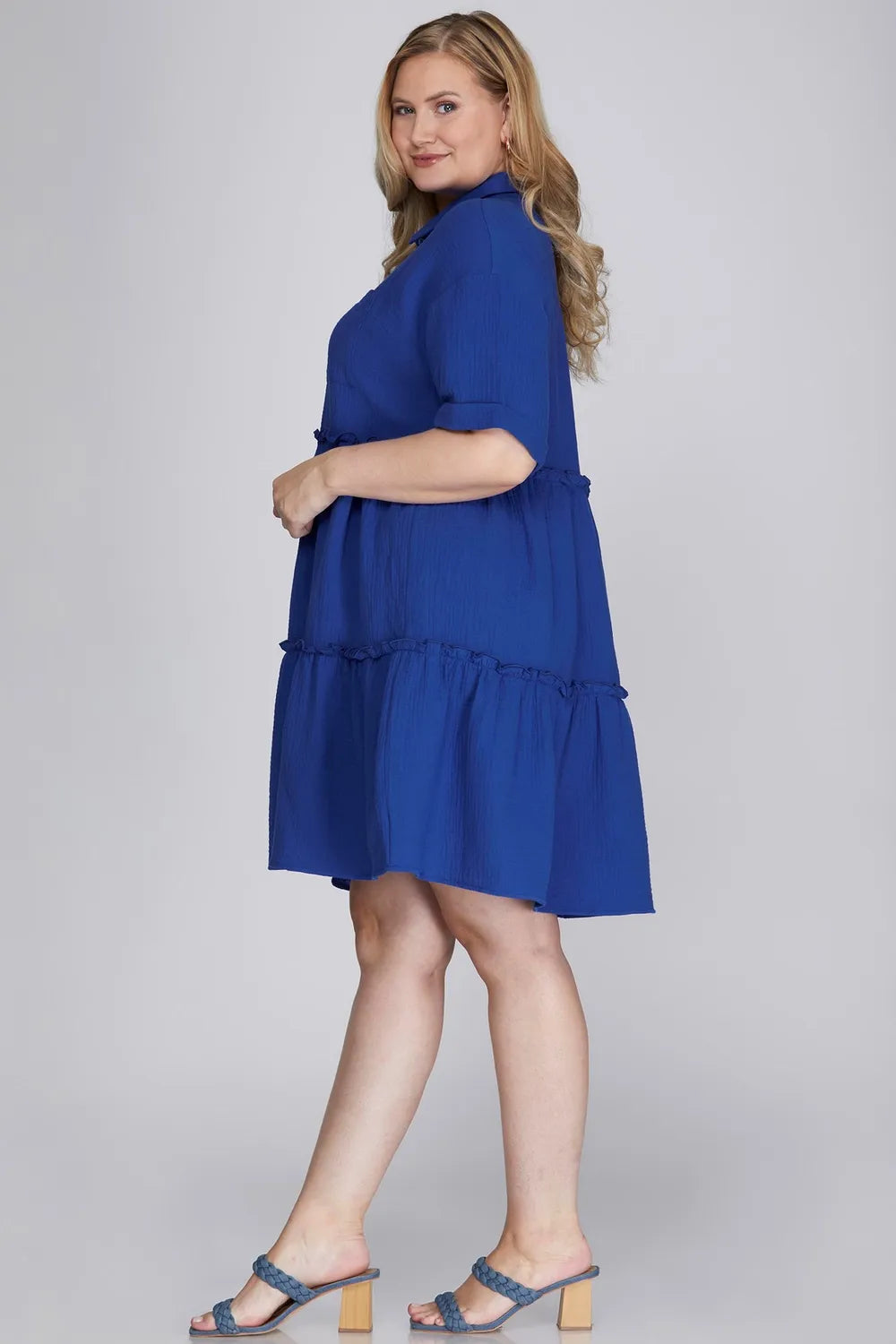 She + Sky Full Size Button Front Frill Tiered Mini Dress Plus Size - Dresses by Trendsi | Available at Handbags Specialist Headquarter