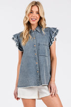 Mittoshop Washed Denim Ruffle Short Sleeve Collared Shirt - Women / Jeans & Denim by Trendsi | Available at Handbags Specialist Headquarter