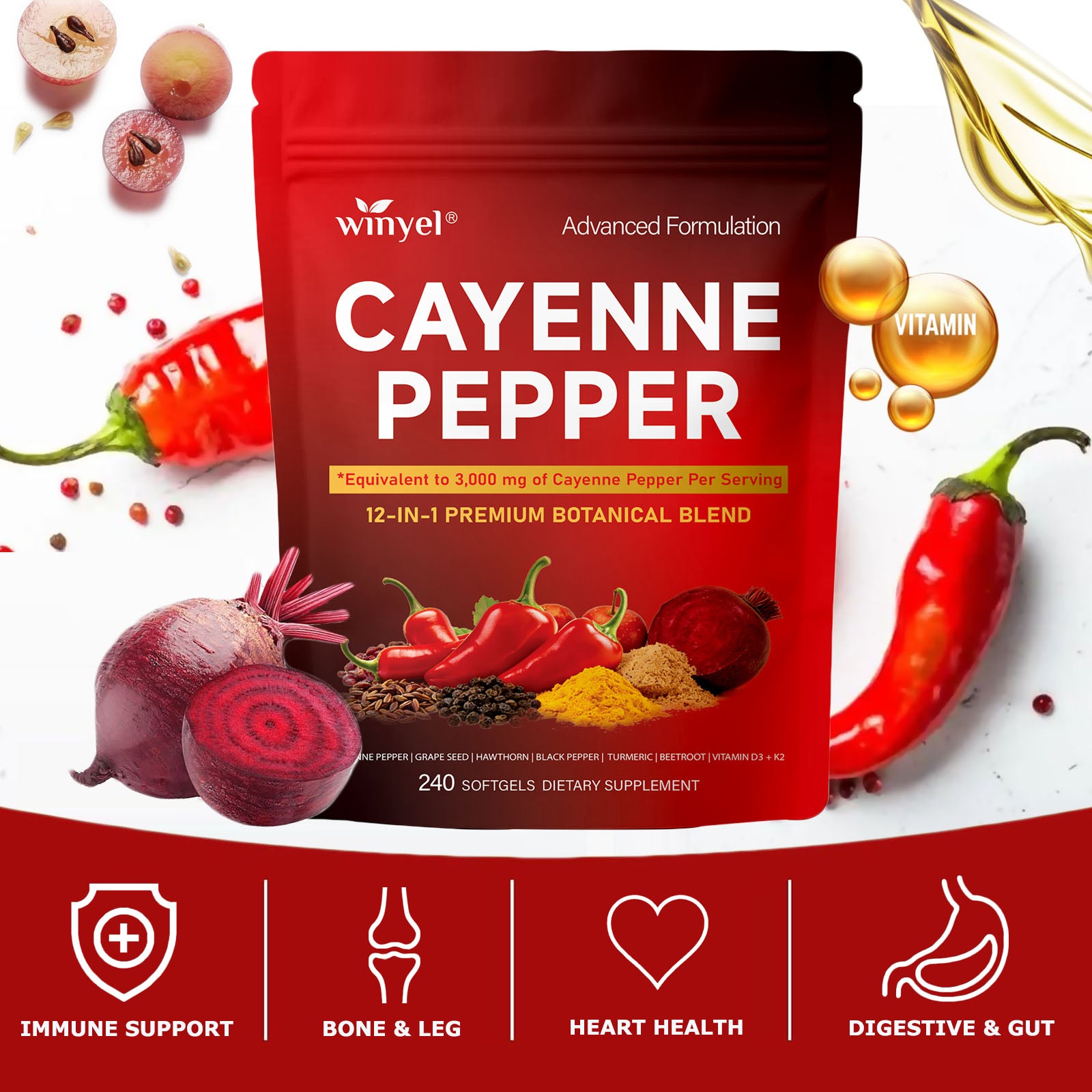 Chili Pepper Softgel for Vein & Heart Health, 240ct