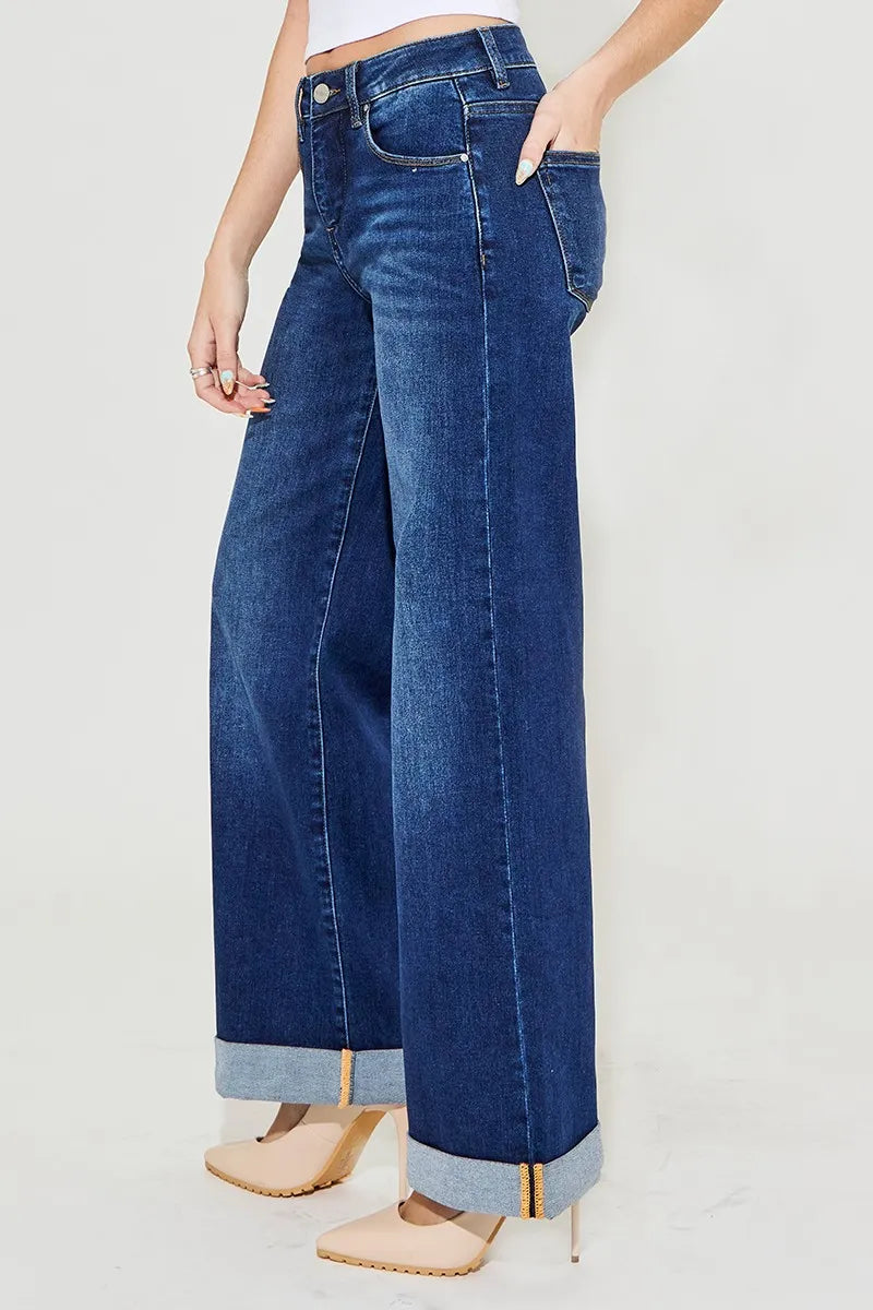 RISEN Full Size Tummy Control High Rise Wide Leg Cuffed Jeans Plus Size - Women / Jeans & Denim by Trendsi | Available at Handbags Specialist Headquarter