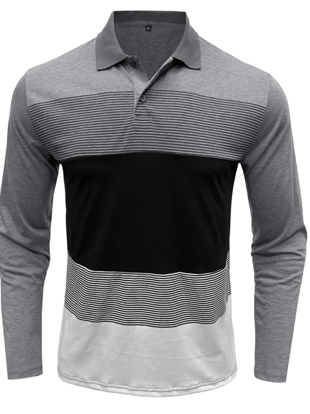 Men's Color Block Striped Long Sleeve Polo Shirt - Men's Polo shirt by Trendsi | Available at Handbags Specialist Headquarter