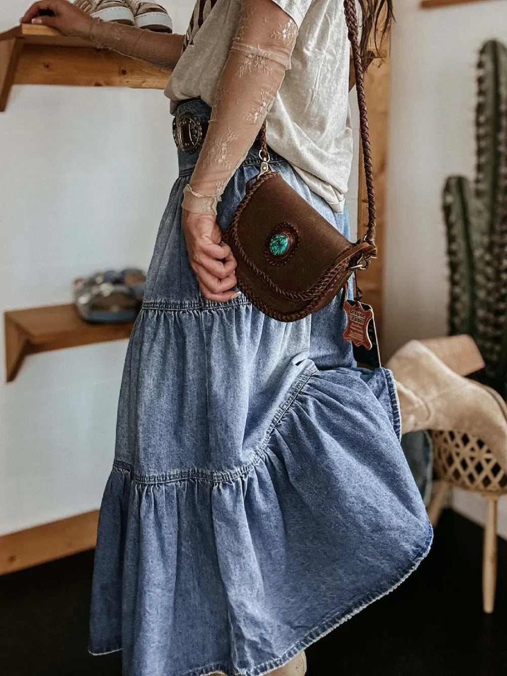 Tiered Button-Fly Denim Skirt - Skirts by Trendsi | Available at Handbags Specialist Headquarter
