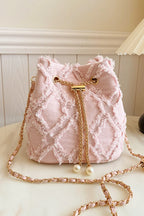Chain Drawstring Raw Edge Denim Bucket Bag - Crossbody Bag by Trendsi | Available at Handbags Specialist Headquarter