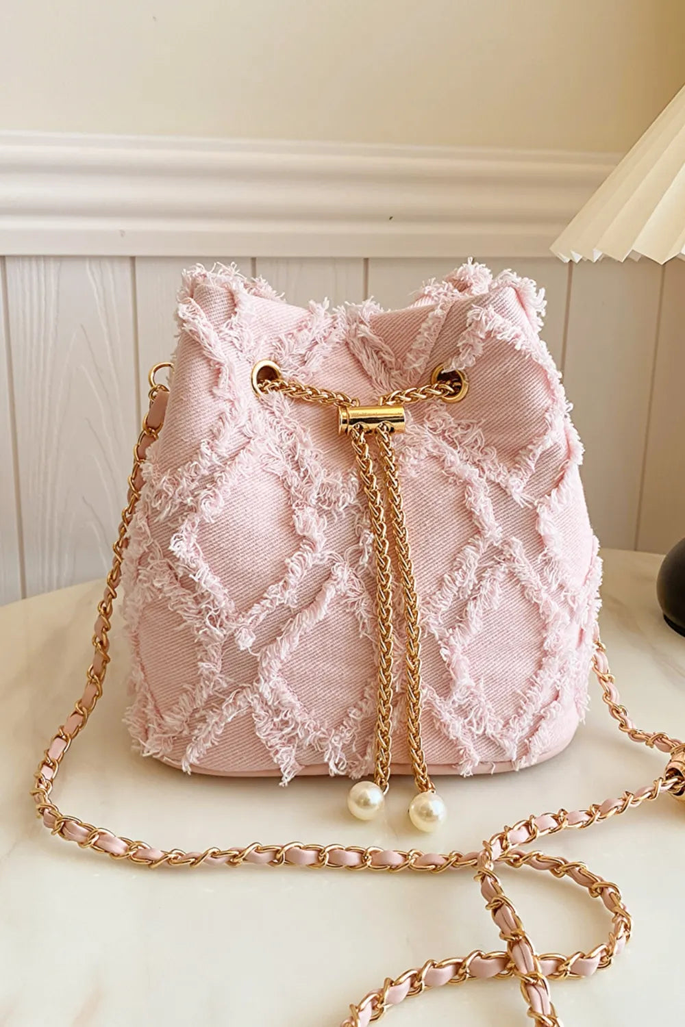 Chain Drawstring Raw Edge Denim Bucket Bag - Crossbody Bag by Trendsi | Available at Handbags Specialist Headquarter