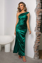 One-Shoulder Ruched Slit Maxi Dress - Dresses by Trendsi | Available at Handbags Specialist Headquarter