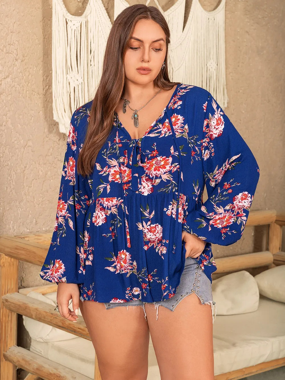 Plus Size Printed Tie Neck Balloon Sleeve Blouse - Plus Size Shirts by Trendsi | Available at Handbags Specialist Headquarter
