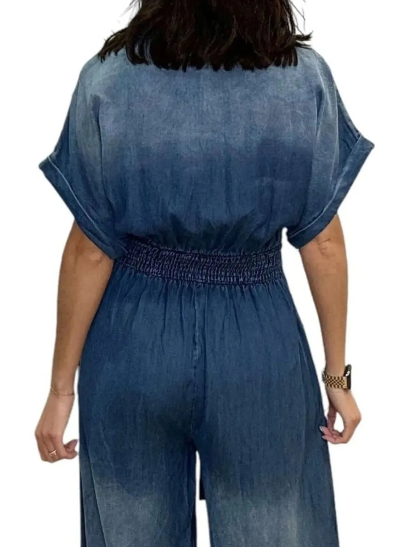 Button Front Wide Leg Denim Jumpsuit - Women / Jeans & Denim by Trendsi | Available at Handbags Specialist Headquarter