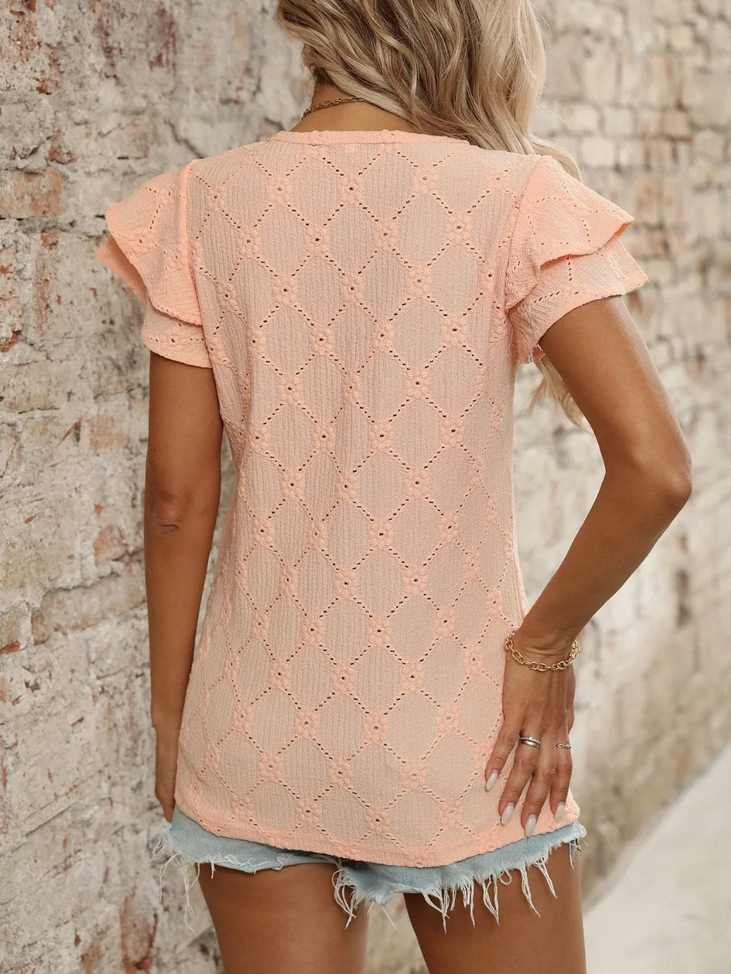 Eyelet V-Neck Ruffled Cap Sleeve Top - Tops by Trendsi | Available at Handbags Specialist Headquarter