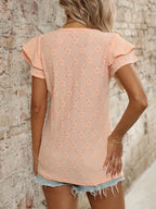 Eyelet V-Neck Ruffled Cap Sleeve Top - Tops by Trendsi | Available at Handbags Specialist Headquarter