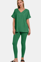 Zenana Full Size V-Neck Rolled Short Sleeve T-Shirt and Leggings Lounge Set - Sleepwear by Trendsi | Available at Handbags Specialist Headquarter
