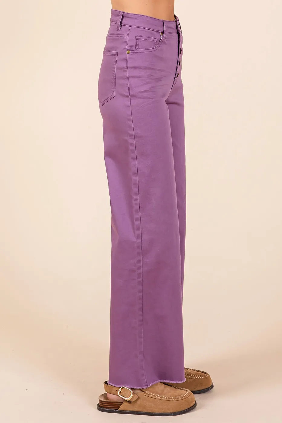 Mittoshop Twill High Waisted Button Fly Wide Leg Pants - Women Pants by Trendsi | Available at Handbags Specialist Headquarter