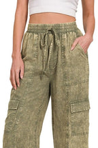 Zenana Washed Linen Elastic Band Waist Cargo Pants - Women Pants by Trendsi | Available at Handbags Specialist Headquarter
