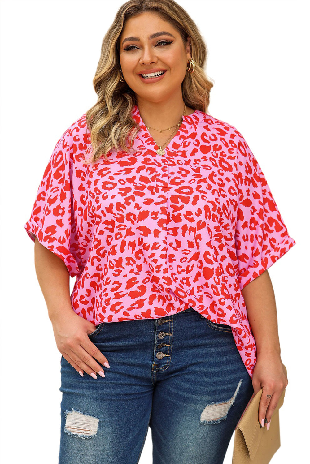 Plus Size Printed Notched Neck Half Sleeve Top - Plus Size Shirts by Trendsi | Available at Handbags Specialist Headquarter