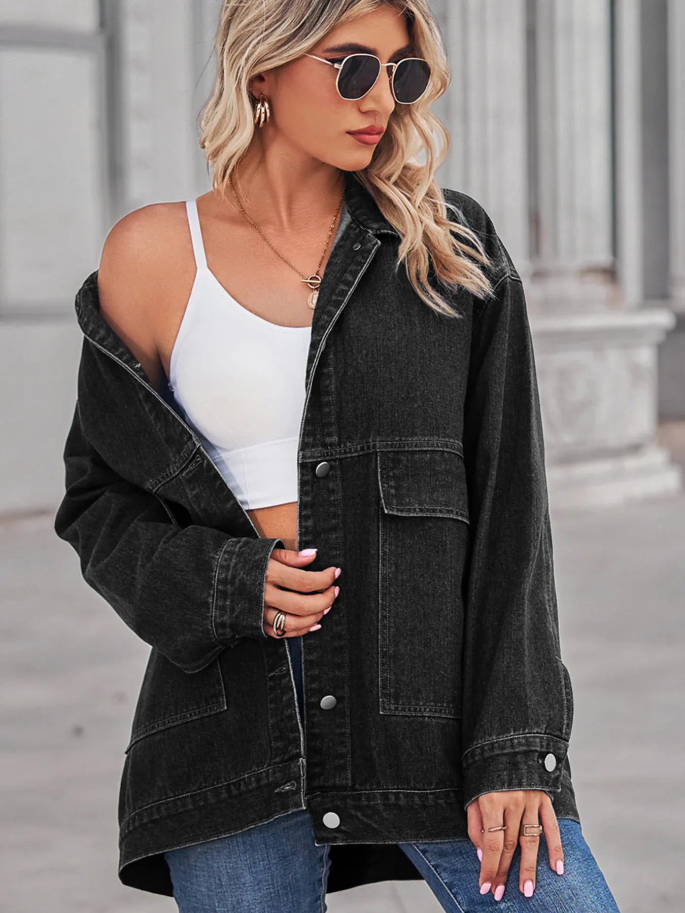 Button Up Long Sleeve Denim Jacket - Tops by Trendsi | Available at Handbags Specialist Headquarter