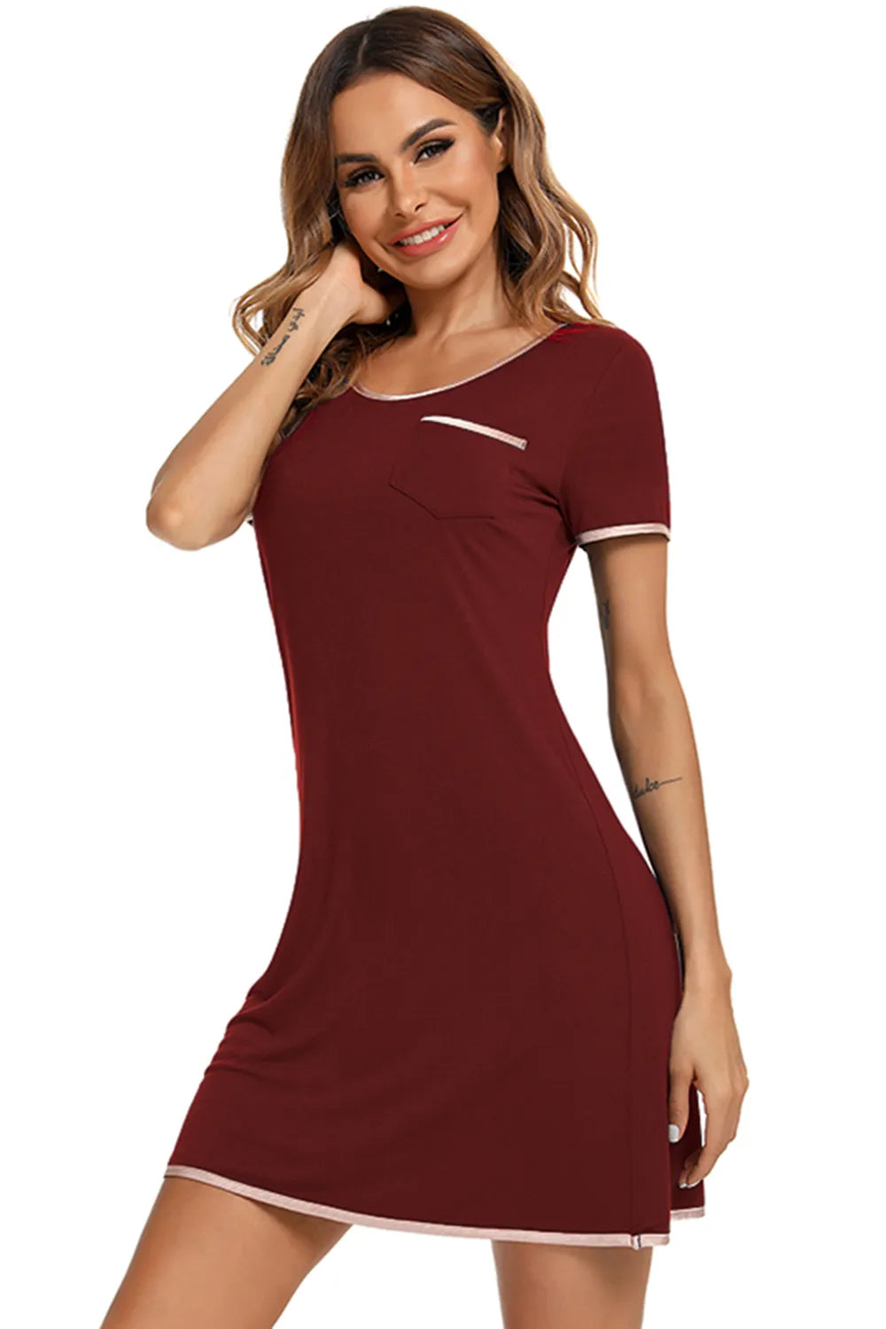 Contrast Trim Pocketed Round Neck Lounge Dress - Sleepwear by Trendsi | Available at Handbags Specialist Headquarter