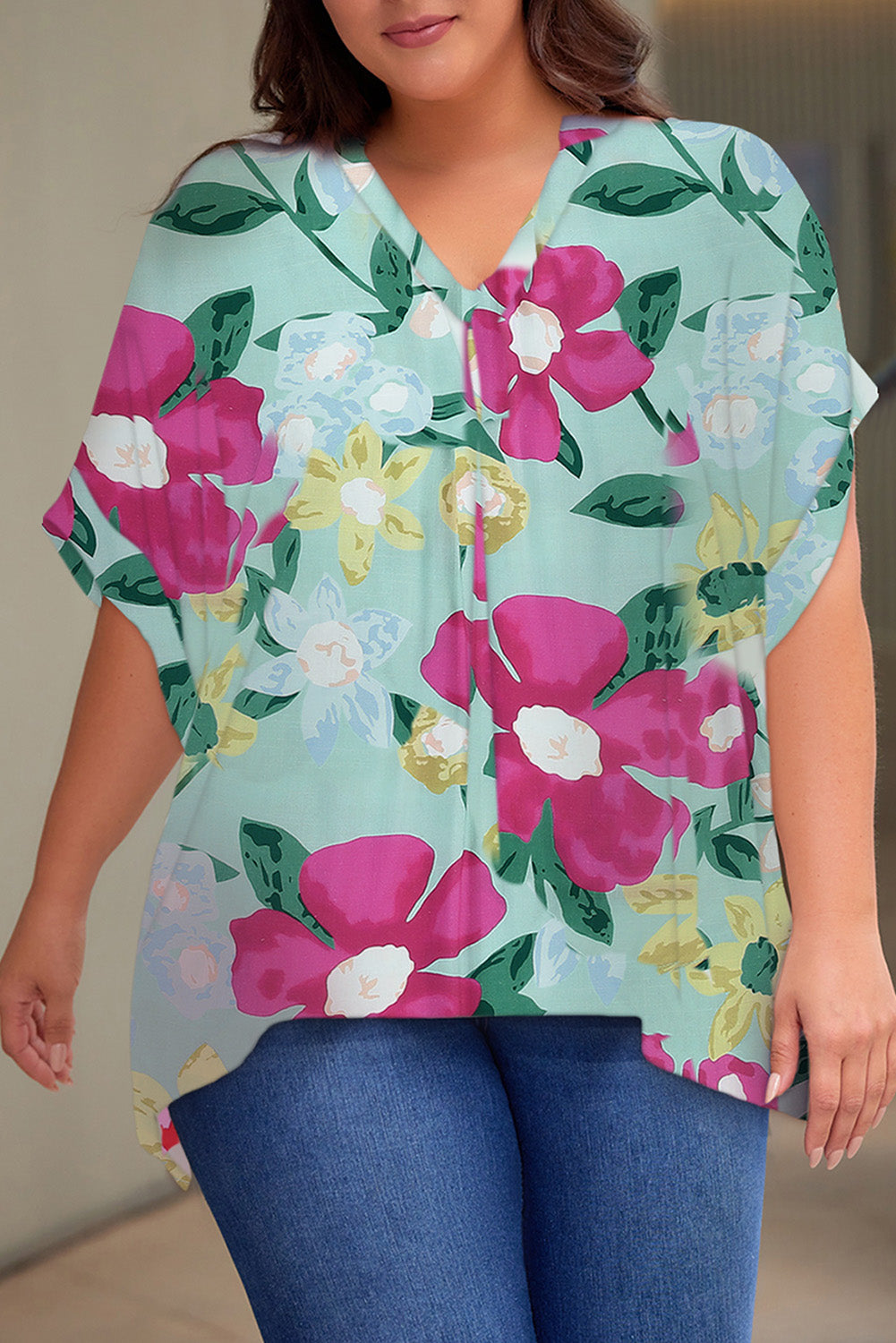 Plus Size Printed Notched Neck Half Sleeve Top - Plus Size Shirts by Trendsi | Available at Handbags Specialist Headquarter