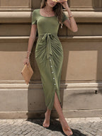 Round Neck Tie-Waist Bodycon Dress - Maxi Dress by Trendsi | Available at Handbags Specialist Headquarter