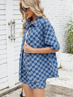 Checkered Shirt and Shorts Denim Set - Women / Jeans & Denim by Trendsi | Available at Handbags Specialist Headquarter