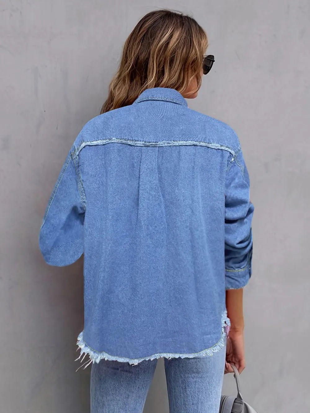 Pocketed Collared Neck Long Sleeve Denim Shirt - Women / Jeans & Denim by Trendsi | Available at Handbags Specialist Headquarter