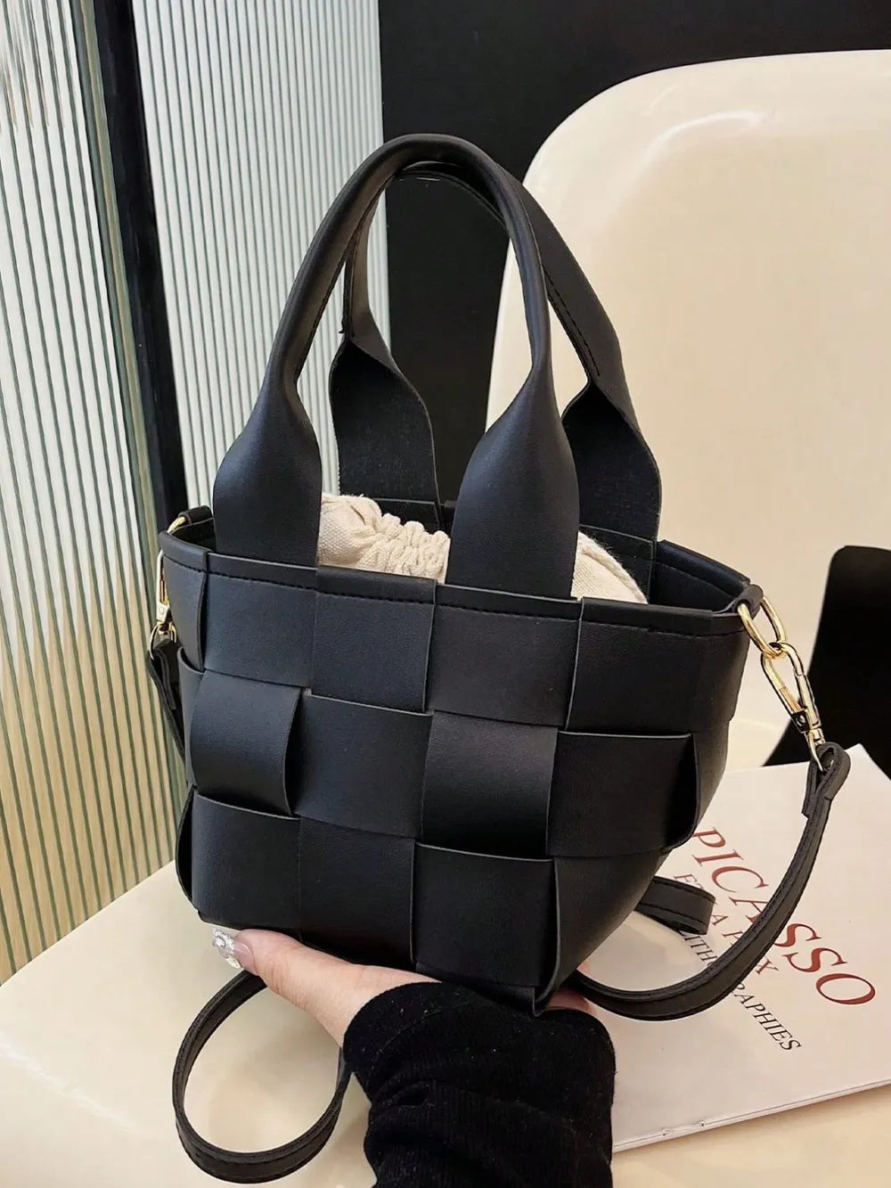 PU Leather Braided Bucket Bag - Tote Bag by Trendsi | Available at Handbags Specialist Headquarter