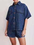 Button Up Short Sleeve Top and Shorts Denim Set - Women / Jeans & Denim by Trendsi | Available at Handbags Specialist Headquarter