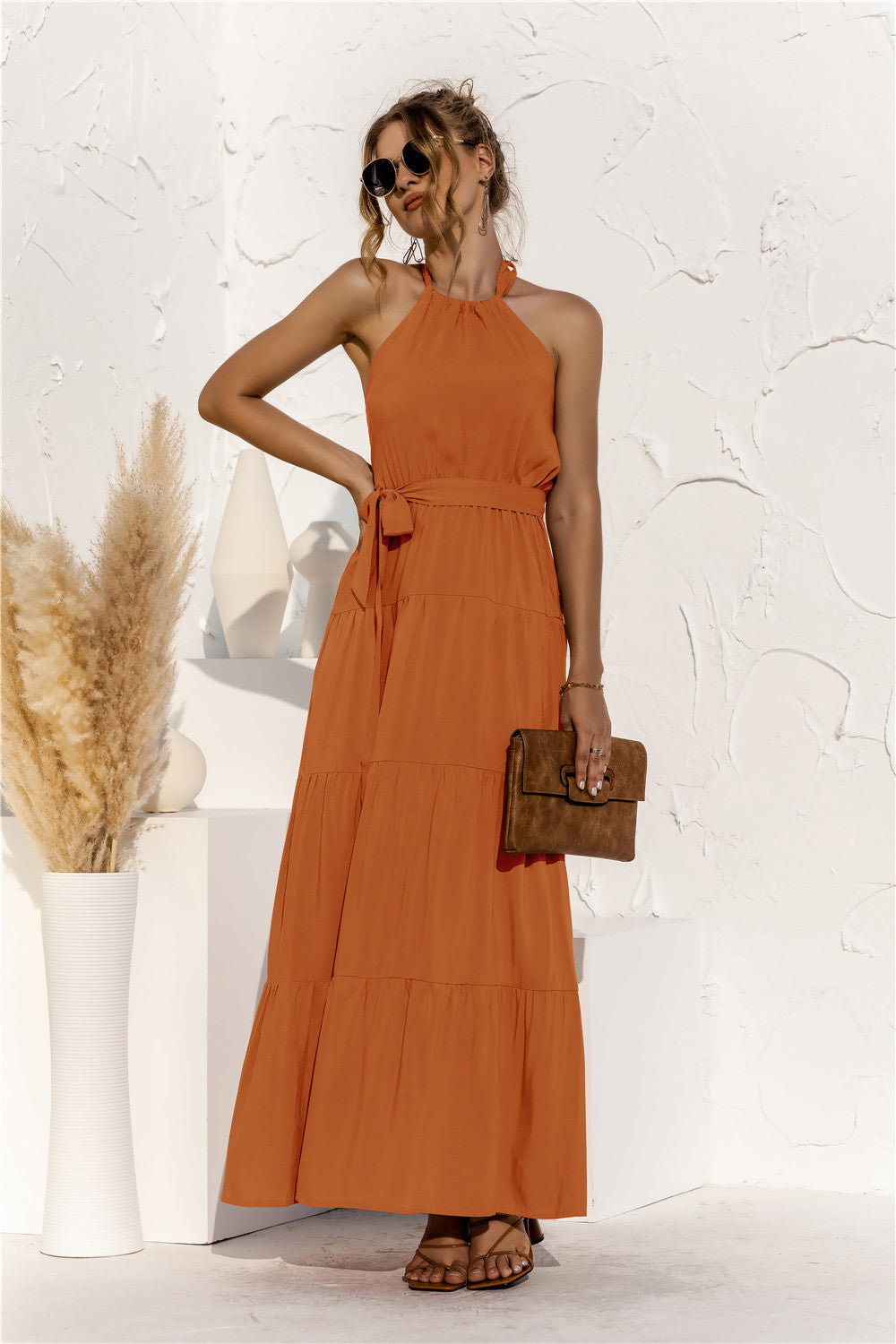 Halter Neck Tie Waist Tiered Maxi Dress - Maxi Dress by Trendsi | Available at Handbags Specialist Headquarter