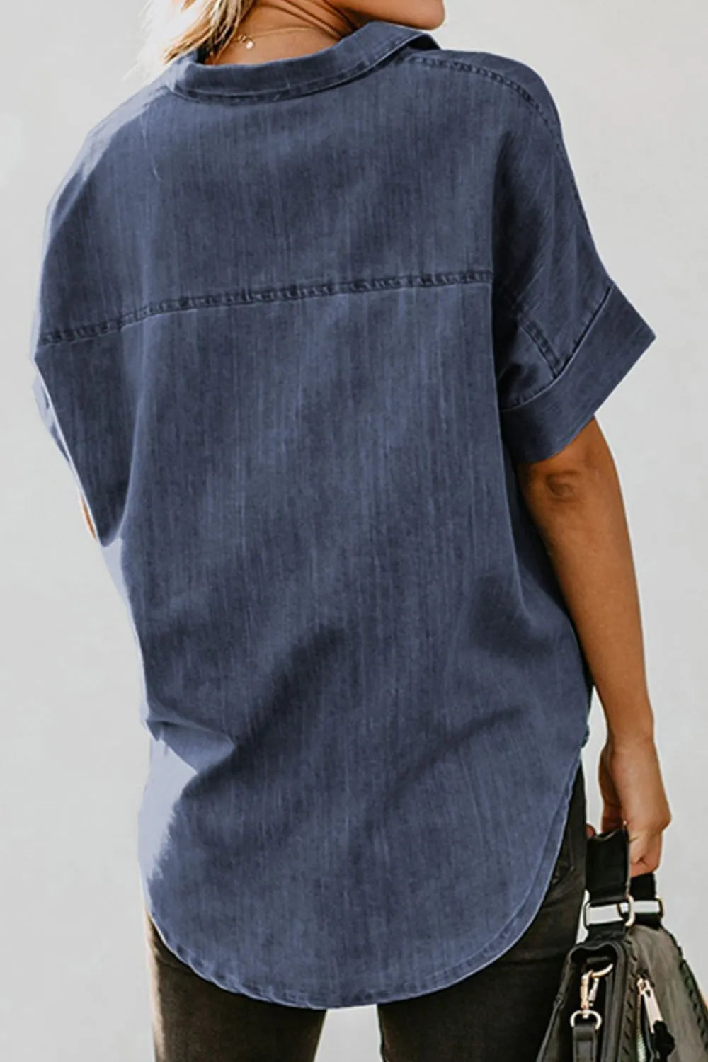 Pocketed Button Up Short Sleeve Denim Shirt - Women / Jeans & Denim by Trendsi | Available at Handbags Specialist Headquarter