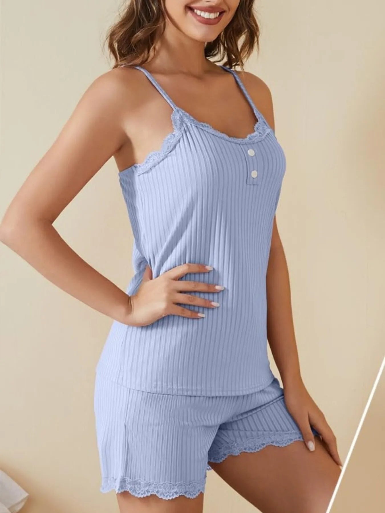Lace-Trimmed Ribbed Cami and Shorts Lounge Set - Sleepwear by Trendsi | Available at Handbags Specialist Headquarter