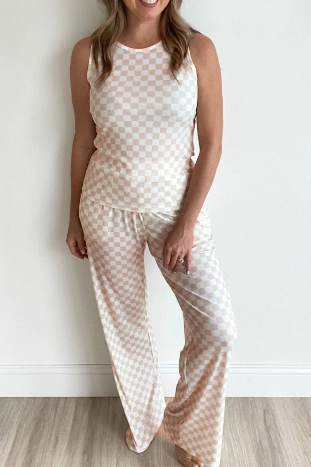 Ribbed Texture Checkered Print Tank and Pants Set - Sleepwear by Trendsi | Available at Handbags Specialist Headquarter
